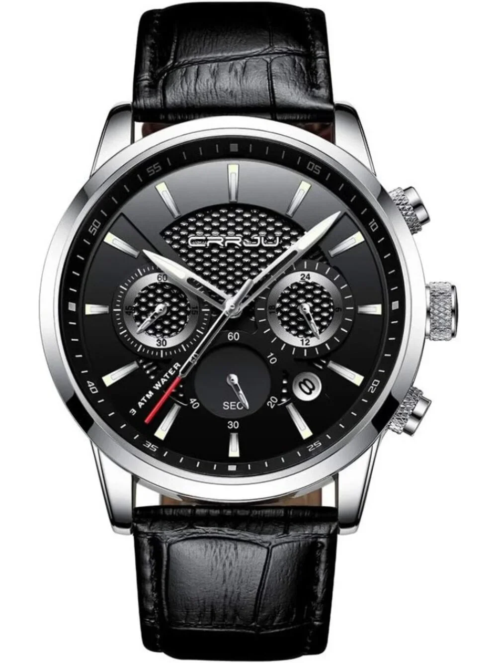 Men's Silver Black Chronograph Leather Strap Quartz Waterproof Wrist Watch